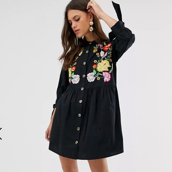 ASOS Dresses & Skirts - ASOS Embroidered Mini Smock Dress with Tie Sleeves, Size US 10